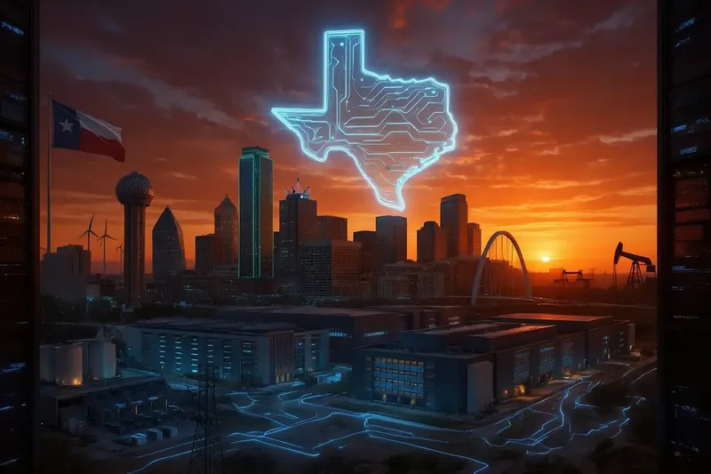 A glowing circuit-board outline of Texas over the Dallas skyline at sunset, with data center buildings, power lines and oil pumpjacks below