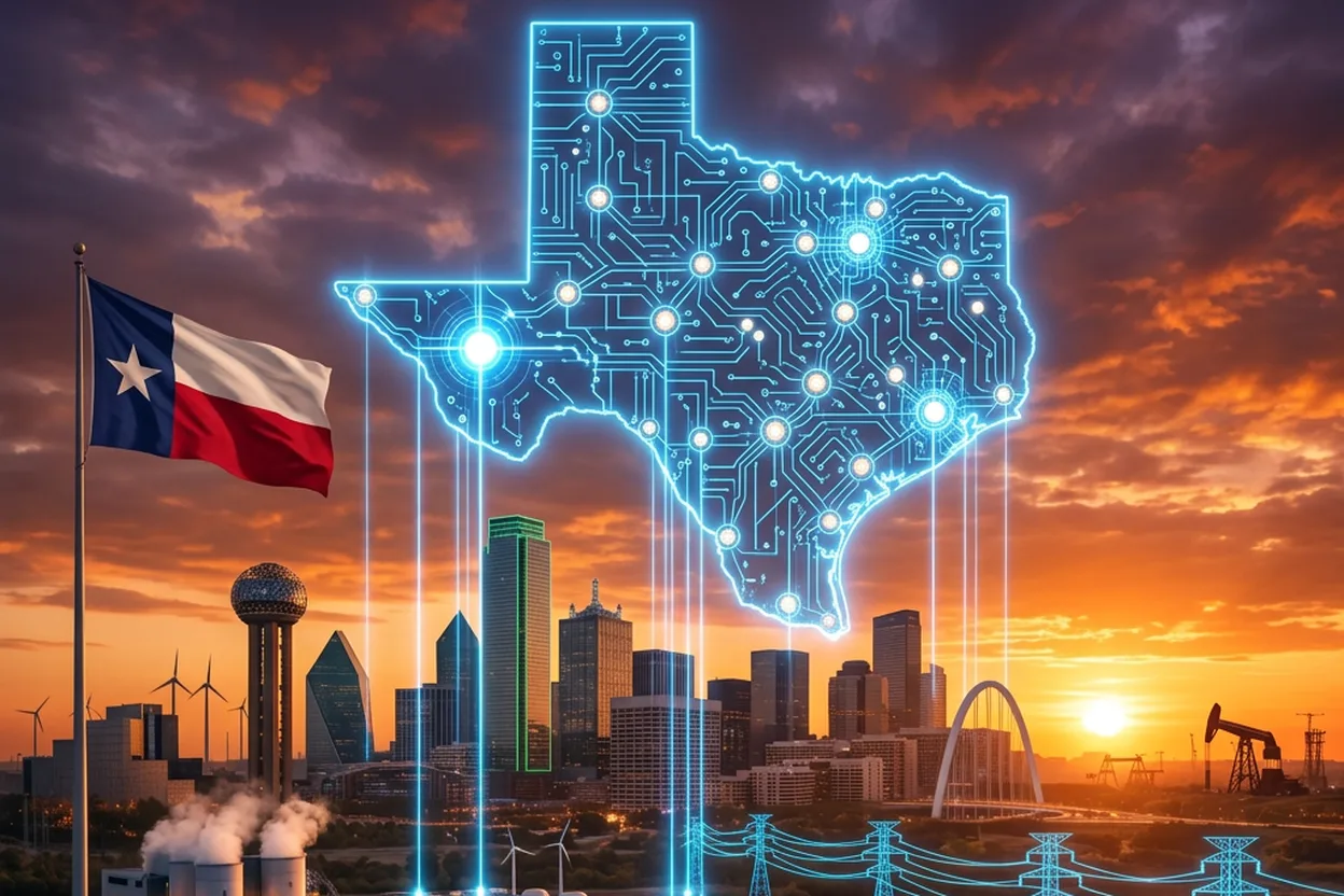 A glowing circuit-board map of Texas dotted with energy nodes floating over the Dallas skyline at sunset, with solar panels, battery storage containers, a gas plant and transmission towers below